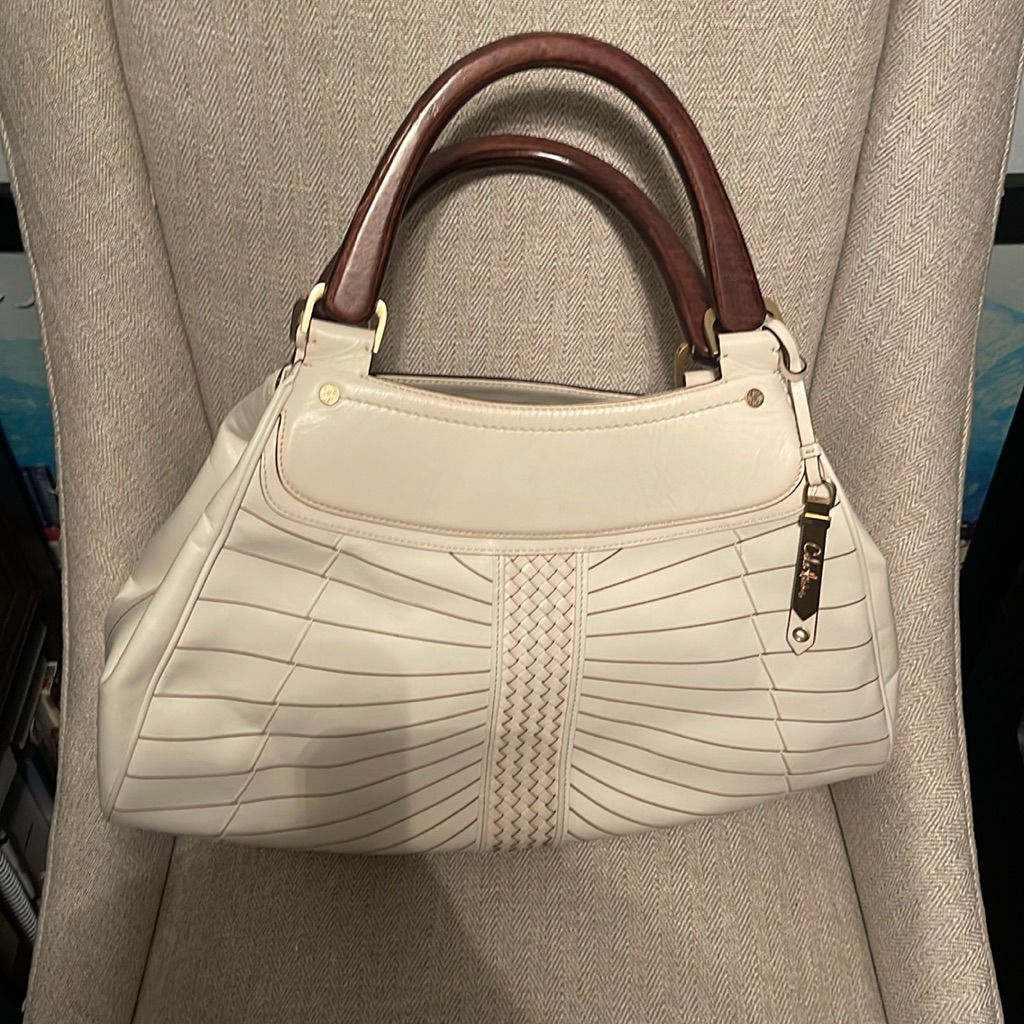 Cole Haan Large Leather Purse Off White Wooden Handles. Gently Used Vintage